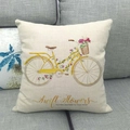 Linen pillow cover with yellow watercolor bicycle and pink flowers on a sofa - 18x18 Inch / Bright Yellow Bicycle with Flowers (6)