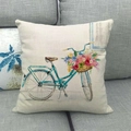 Detailed texture of linen pillowcase with watercolor floral bicycle print on a grey sofa - 18x18 Inch / Watercolor Blue Bicycle with Flowers (8)
