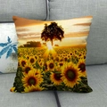 Linen sunflower field square throw pillow cover on a grey sofa for home decor - 45x45cm / Sunflower and Lone Tree Landscape (6)