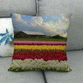 Detailed close-up of a linen pillowcase featuring a colorful oil painting tulip field scene - 45x45cm / Oil Painting Tulip Field Landscape (7)