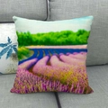 Detailed view of linen pillowcase with vibrant lavender field landscape on sofa - 45x45cm / Purple Lavender Flower Field (8)