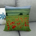 Close-up of linen cushion cover with red poppy field and green landscape pattern - 45x45cm / Red Poppy Field Landscape (10)