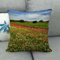 Macro detail of the woven linen texture and sunflower meadow landscape print on the pillowcase - 45x45cm / Corn Poppy Field Pastoral (11)