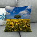 Detailed view of sunflower field landscape print on linen decorative throw pillow - 45x45cm / Golden Flower Field and Lone Tree (16)