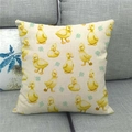Detailed texture of linen throw pillow cover featuring yellow duck and clover patterns - Yellow Duckling Style (9)