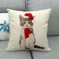 Christmas kitten in red hat and scarf printed on beige linen decorative pillow cover - Kitten with Christmas Hat (5)
