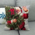 Linen Christmas pillow case featuring Santa and tree on a gray fabric sofa - Santa Holding Christmas Tree (6) / 18x18 Inch