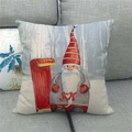 Detail of linen pillow cover featuring a festive Christmas gnome holding a JOY sign - 18x18 Inch / Gnome and JOY Sleigh Style (9)