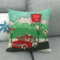 Close-up of linen Christmas pillow cover with vintage red truck and Santa Claus design - 18x18 Inch / Vintage Truck and Santa Style (10)