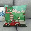 Detail of linen pillow cover with Santa Claus driving a red truck on a grey sofa - 18x18 Inch / Red Pickup and Reindeer Sign Style (11)