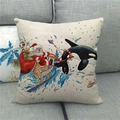 Close-up of linen cushion cover with creative Santa Claus and whale surfing illustration - 18x18 Inch / Orca Sleigh Ride Style (14)