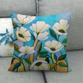 Fodera per cuscino in lino con fiori bianchi in stile pittura ad olio su sfondo blu - 45*45cm / Motivo Grande Fiore Bianco su Blu (13)