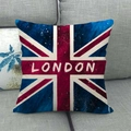 Vintage Union Jack linen cushion cover with London text on a grey sofa background - London Name Style(9) / 18x18 Inch