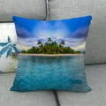 Linen cushion cover with tropical summer beach scenery and palm trees on a gray sofa - 18x18 Inch / Tropical Island Palm Tree Style (8)