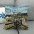 Detail of linen cushion cover with watercolor landscape art on a grey sofa - 18x18 Inch / Watercolor Fence Trees Style (9)