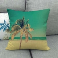 Detail of linen pillowcase featuring a tropical beach and palm tree summer landscape - 18x18 Inch / Tropical Palm Beach Scenery Style (11)