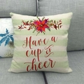 Funda de cojín navideña de lino con corona y texto Have a cup of cheer decorativo - Estilo Flor de Pascua con Fondo de Rayas Horizontales (4)