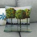 Fodera per cuscino in lino con paesaggio di alberi ad acquerello in toni verdi e blu - 45*45cm / Motivo Riflesso Albero Paesaggio Pittura a Olio (15)