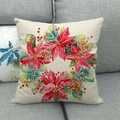 Détail de la taie d'oreiller en lin de Noël avec motif de couronne de poinsettia peinte - Style de Couronne de Noël Peinte à la Main à l'Aquarelle (15) / 45x45cm