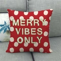 Close-up of linen pillow cover featuring red polka dots and Merry Vibes Only text - Red Polka Dot Merry Vibes (3)