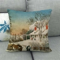 Housse de coussin en lin avec scène de village d'hiver vintage pour Noël - 45x45cm / Scène de neige rurale vintage (1)