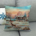 Gros plan d'une housse de coussin en lin avec peinture à l'huile de paysage d'hiver et cerf - 45x45cm / Cerf dans la neige (3)