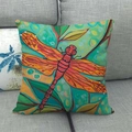 Federa per cuscino in lino con libellula ad acquerello per decorazione divano - 45*45cm / Motivo Illustrazione Libellula (16)
