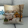Détail d'une housse de coussin en lin avec motif de village d'hiver et calèche rétro - 45x45cm / Pont couvert d'hiver avec calèche (2)