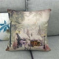 Détail d'une taie d'oreiller en lin avec une scène de neige aquarelle vintage et un carrosse - 45x45cm / Chalet européen avec calèche (4)