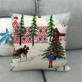 Dettaglio della scena innevata natalizia ad acquerello su federa di lino - 45x45cm / Edificio a scacchi albero di Natale (8)