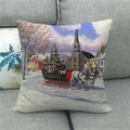 Dettaglio della trama in lino e scena vintage di villaggio invernale sul cuscino decorativo - 45x45cm / Chiesa carrozza di Natale (9)
