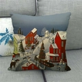 Close-up of linen pillowcase with a winter snow village and Christmas tree scene - Red Wooden House Snow Scene (8)