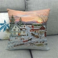 Detailed texture of linen cushion cover with vintage winter snow landscape illustration - Sunset Snow Mountain Village (10)