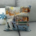 Detailed texture of linen pillowcase featuring a cartoon winter penguin scenery - Penguins and People in Attic (11)