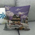 Linen Christmas pillow case with winter snow scene painting on a cozy grey sofa - Victorian House and Car (12)
