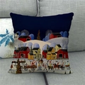 Detailed texture of linen Christmas pillow case with hand-drawn snow scene and red barn - Dark Blue Christmas Illustration (15)