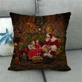 Christmas linen pillowcase featuring a vintage Santa Claus oil painting on a gray sofa - Santa Interacting With Girls (1) / 18x18 Inch