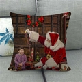 Macro detail of Christmas linen pillowcase showing Santa Claus on a grey fabric sofa - Santa Starlight With Boy (2) / 18x18 Inch