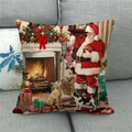 Detailed view of Merry Christmas linen pillow cover with vintage Santa oil painting - Santa Fireplace Golden Retriever (3) / 18x18 Inch