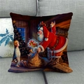 Close-up of linen Christmas pillow cover with Santa and tree on a grey sofa - Santa Surprise Kids (16) / 18x18 Inch