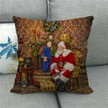 Detail of Christmas linen pillowcase featuring Santa and boy oil painting illustration - Santa Armchair Interaction (15) / 18x18 Inch