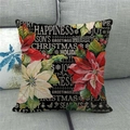 Detail van een linnen kerstkussenhoes met rode kerststerren en feestelijke tekstdecoratie - Zwarte Achtergrond Rode en Witte Kerstster Belettering (2) / 45x45 cm