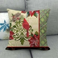 Detailed texture of Christmas linen pillow case featuring red cardinal and pine cones - Plaid Patchwork Cardinal (11)