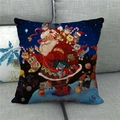 Linen Christmas pillow cover with Santa and cats on a gray sofa in detail - Santa And Cats (7) / 18x18 Inch