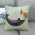 Linen pillow cover with surreal gray whale illustration on a modern gray sofa - Whale With Top Hat And Horn (1) / 18x18 Inch