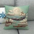 Close-up of linen pillowcase with blue whale and fantasy ship illustration on grey sofa - Mint Green Moon Blue Whale Sailboat (2) / 18x18 Inch