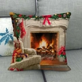 Detail view of linen Christmas pillow cover with oil painting style fireplace scene - 45x45cm / Fireplace Glowing Flames (5)