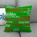 Detail of green linen Christmas pillow cover with festive typography on a grey sofa - Bright Green Background Christmas Vocabulary (9) / 18x18 Inch