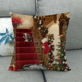 Detail of linen Christmas pillowcase featuring a cozy holiday staircase scene - 45x45cm / Stairs Winter Kitten (15)