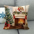 Detailed close-up of a festive Christmas fireplace oil painting on a linen pillowcase - 45x45cm / Mantel Decoration Scene (14)